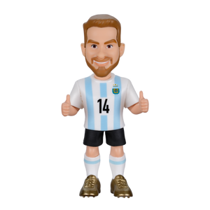 Minix Alexis Mac Allister figurine in Argentina's white and sky-blue striped number 14 kit, with black shorts and gold boots