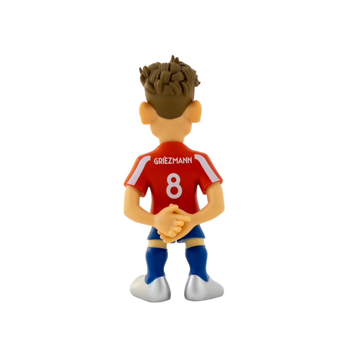 Minix Antoine Griezmann figurine shown from behind in a red and blue football kit with white trim, number 8 and sculpted brown hair