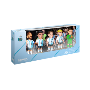 Minix Argentina 5-Pack collectible figurines in sky-blue and white striped football kits, displayed in a blue window box