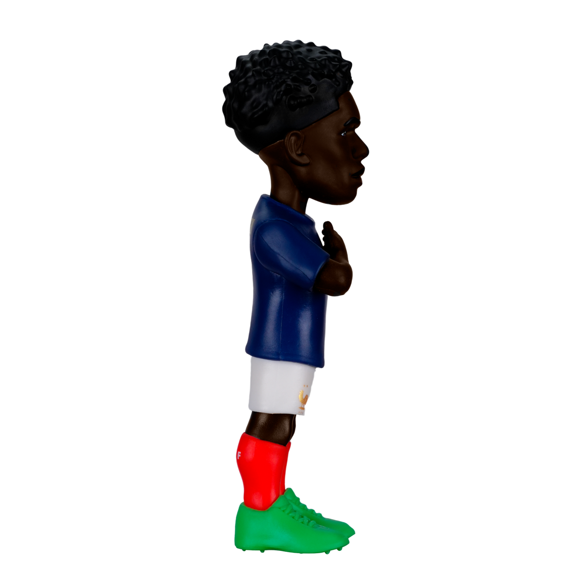 Minix Aurélien Tchouaméni football figurine in a blue shirt, white shorts, red socks and green boots