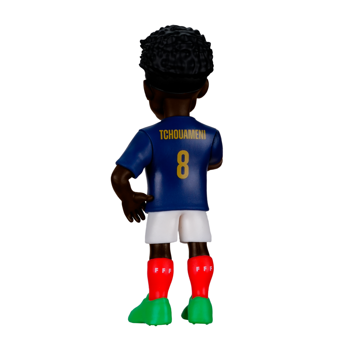 Minix Aurélien Tchouaméni figurine shown from behind in a blue number 8 shirt, white shorts, red socks and green boots
