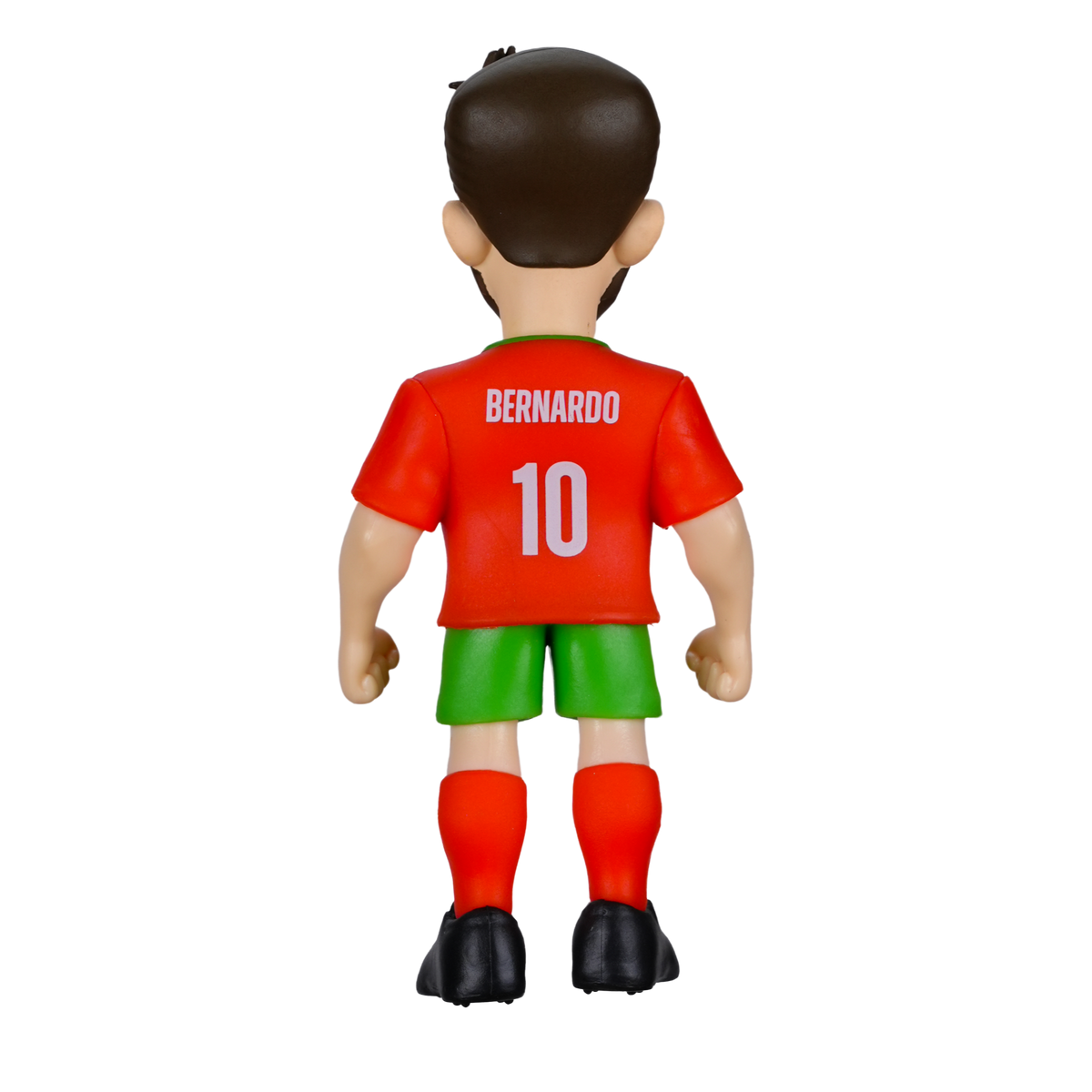 Minix Bernardo Silva football figurine viewed from behind, wearing a red Portugal shirt marked Bernardo and number 10 with green shorts.