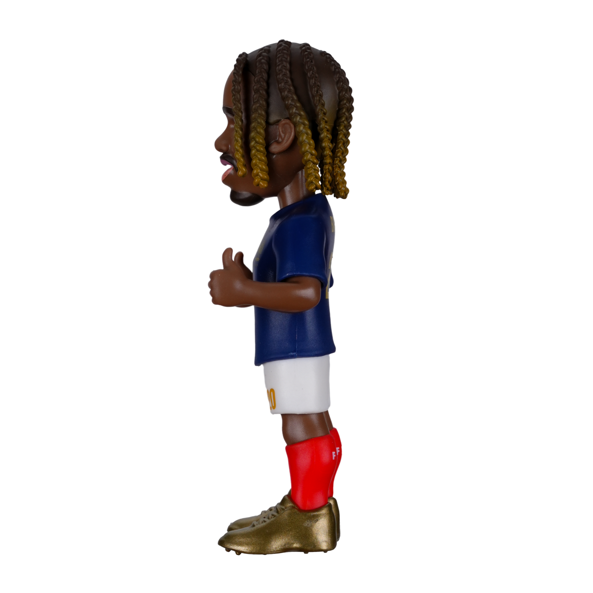Minix Bradley Barcola collectible figurine with dark braided hair, blue France shirt, white shorts and red socks