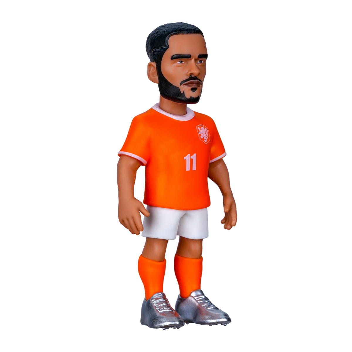 Minix Cody Gakpo football figurine with black hair and beard, wearing an orange Netherlands number 11 kit and gray boots
