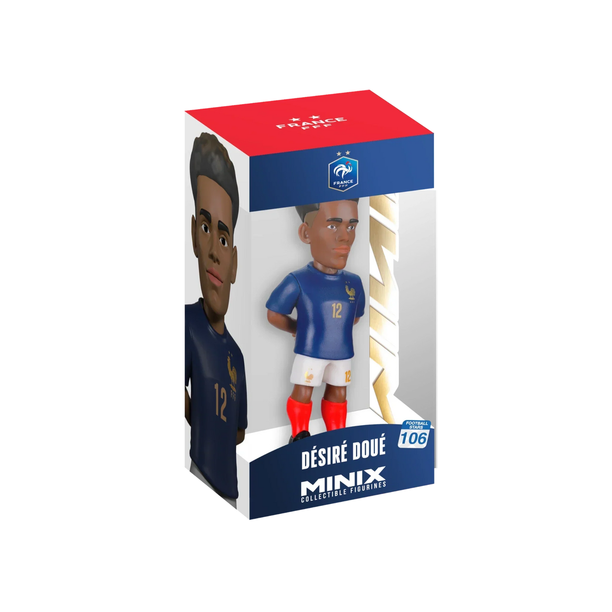 Minix Désiré Doué collectible figurine in a blue France number 12 kit, shown inside its branded display box