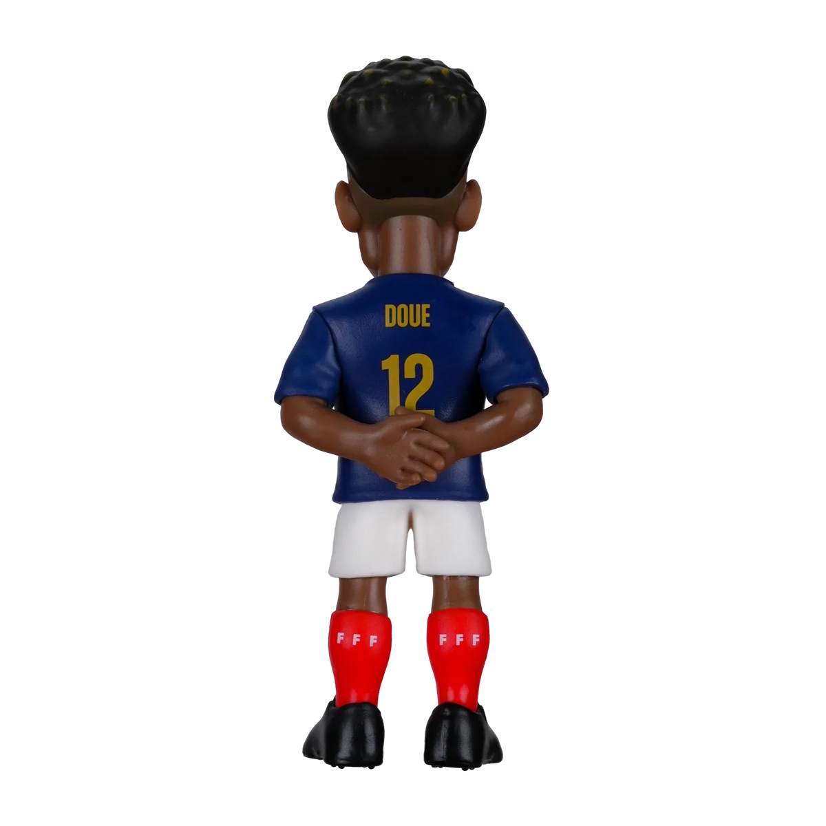 Minix Désiré Doué football figurine in a blue France jersey with gold number 12, white shorts and red socks