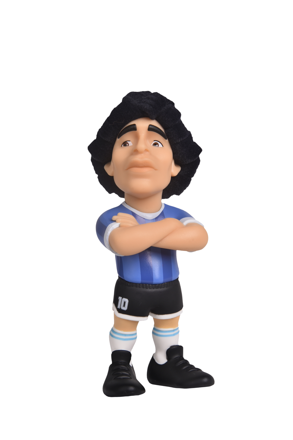 Minix Diego Maradona figurine with black curly hair, blue striped jersey, black shorts, white socks and crossed arms
