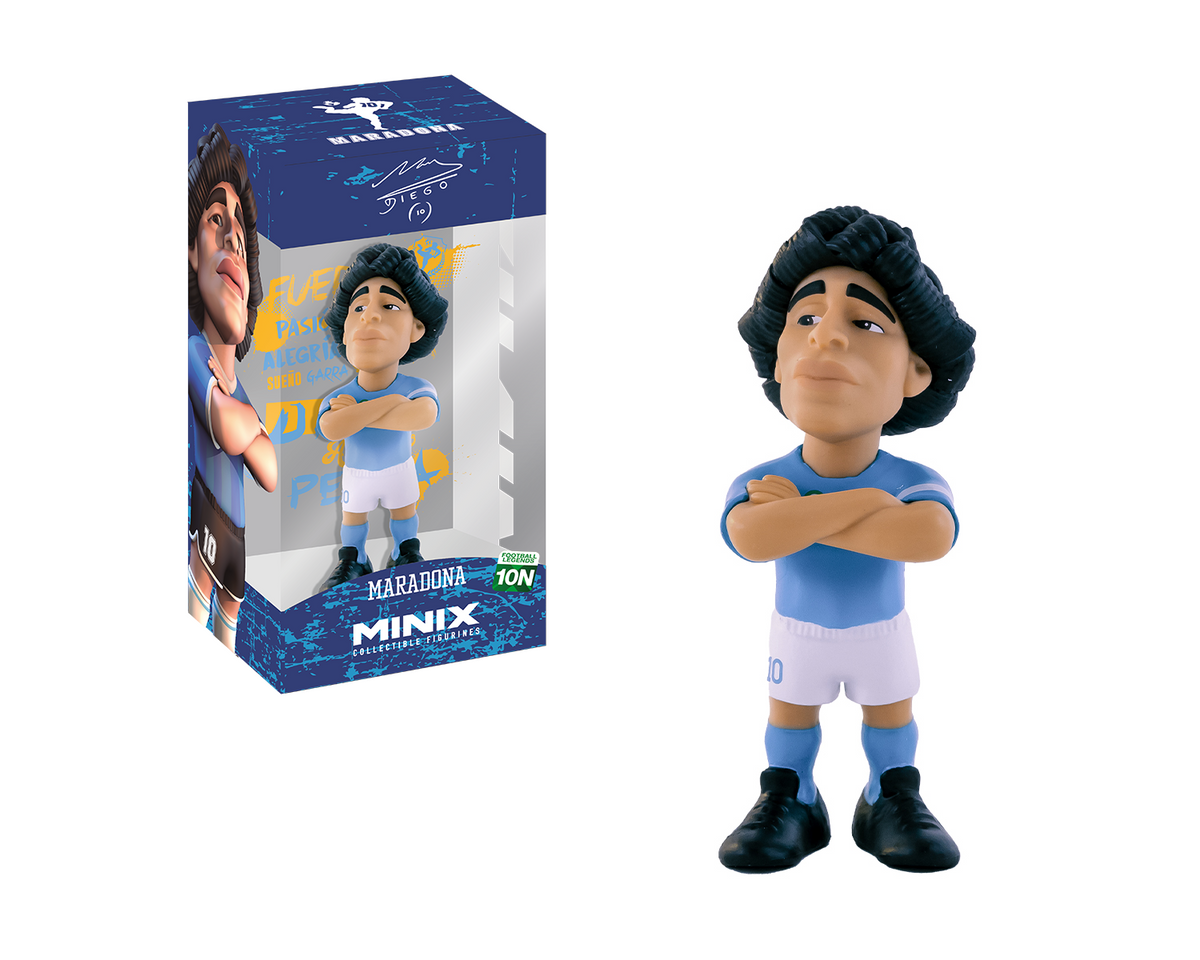 Minix Diego Maradona Napoli figurine with curly black hair, blue shirt, white shorts, and arms crossed