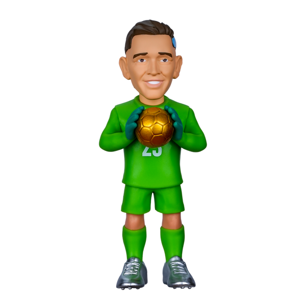 Minix Emiliano Martínez goalkeeper figurine in a bright green kit, holding a gold soccer ball with teal gloves