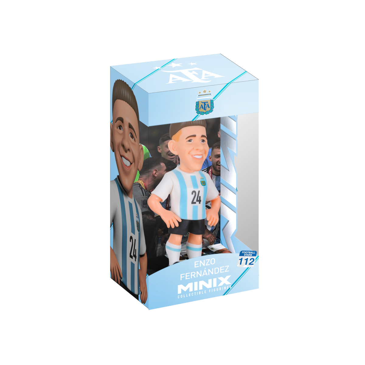 Minix Enzo Fernández Argentina figurine in a blue and white striped jersey, black shorts, and light blue display box