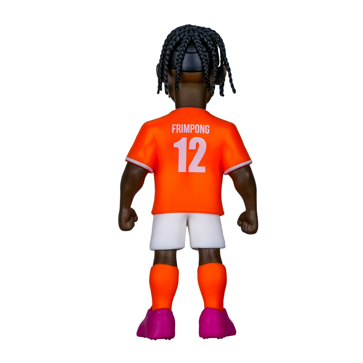 Minix Jeremie Frimpong Netherlands figurine with dark braided hair, bright orange number 12 shirt, white shorts and magenta boots