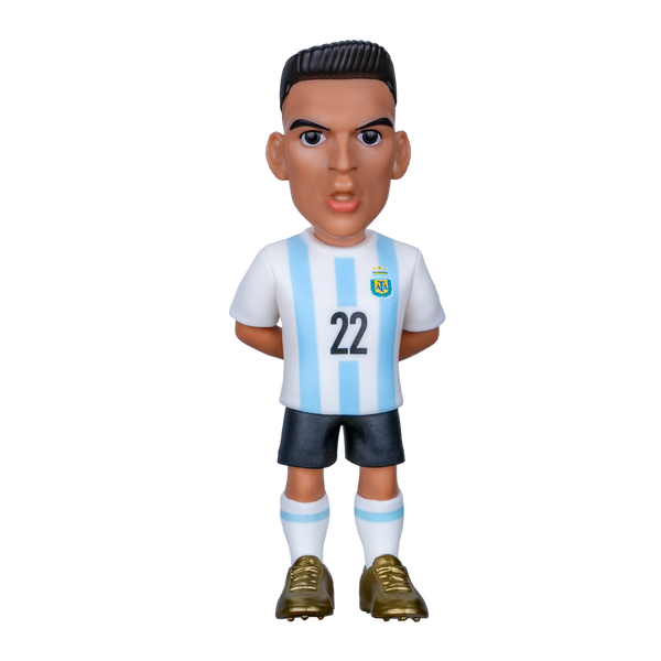 Minix Lautaro Martínez collectible figurine in a white and sky-blue striped Argentina kit, with black shorts and gold boots