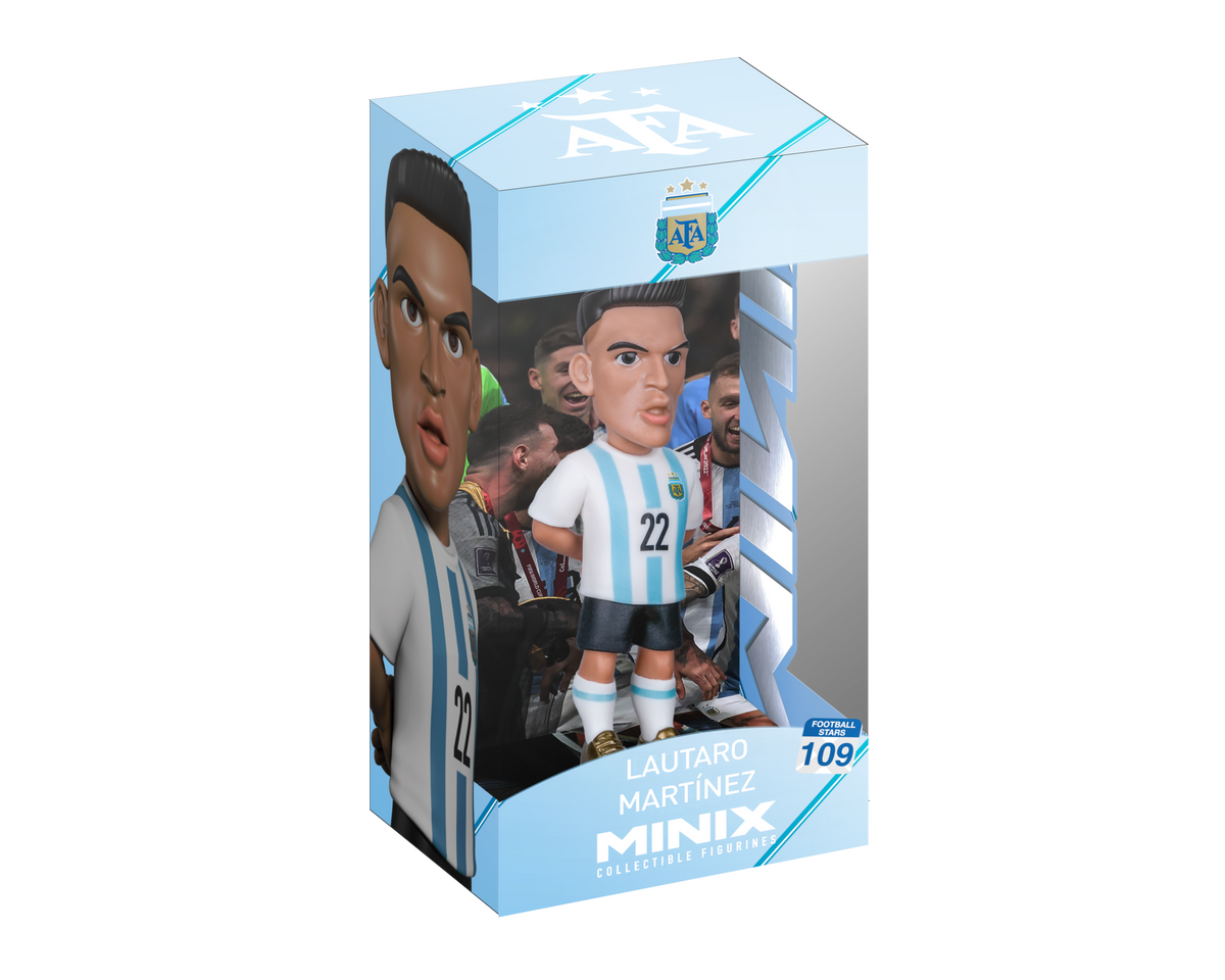 Minix Lautaro Martínez Argentina figurine in a white and sky-blue striped kit, displayed inside its branded box