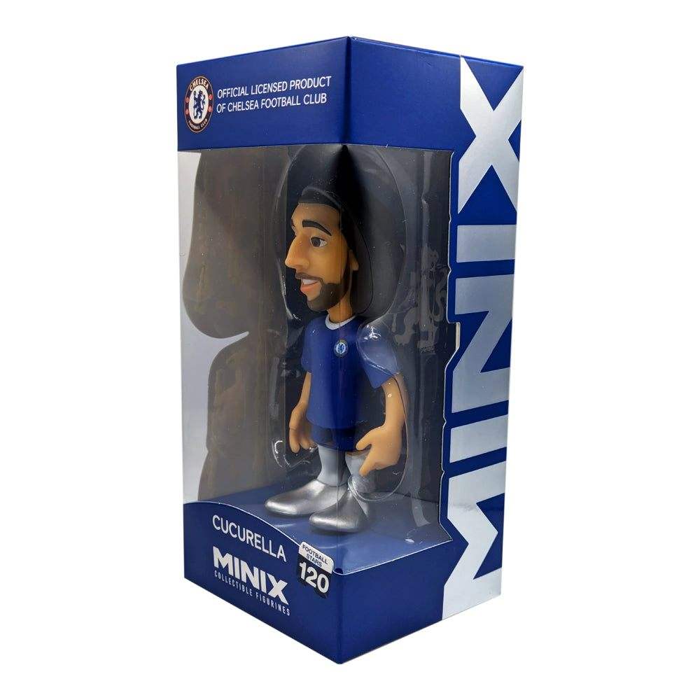 Minix Marc Cucurella Chelsea figurine in a blue football kit with silver boots, displayed in a blue window box