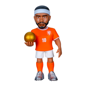 Minix Memphis Depay figurine wearing a bright orange Netherlands number 10 kit, white shorts and orange socks, holding a gold football