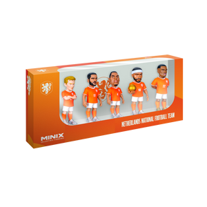 Minix Netherlands 5-Pack collectible football figurines in orange and white kits, displayed in an orange window box