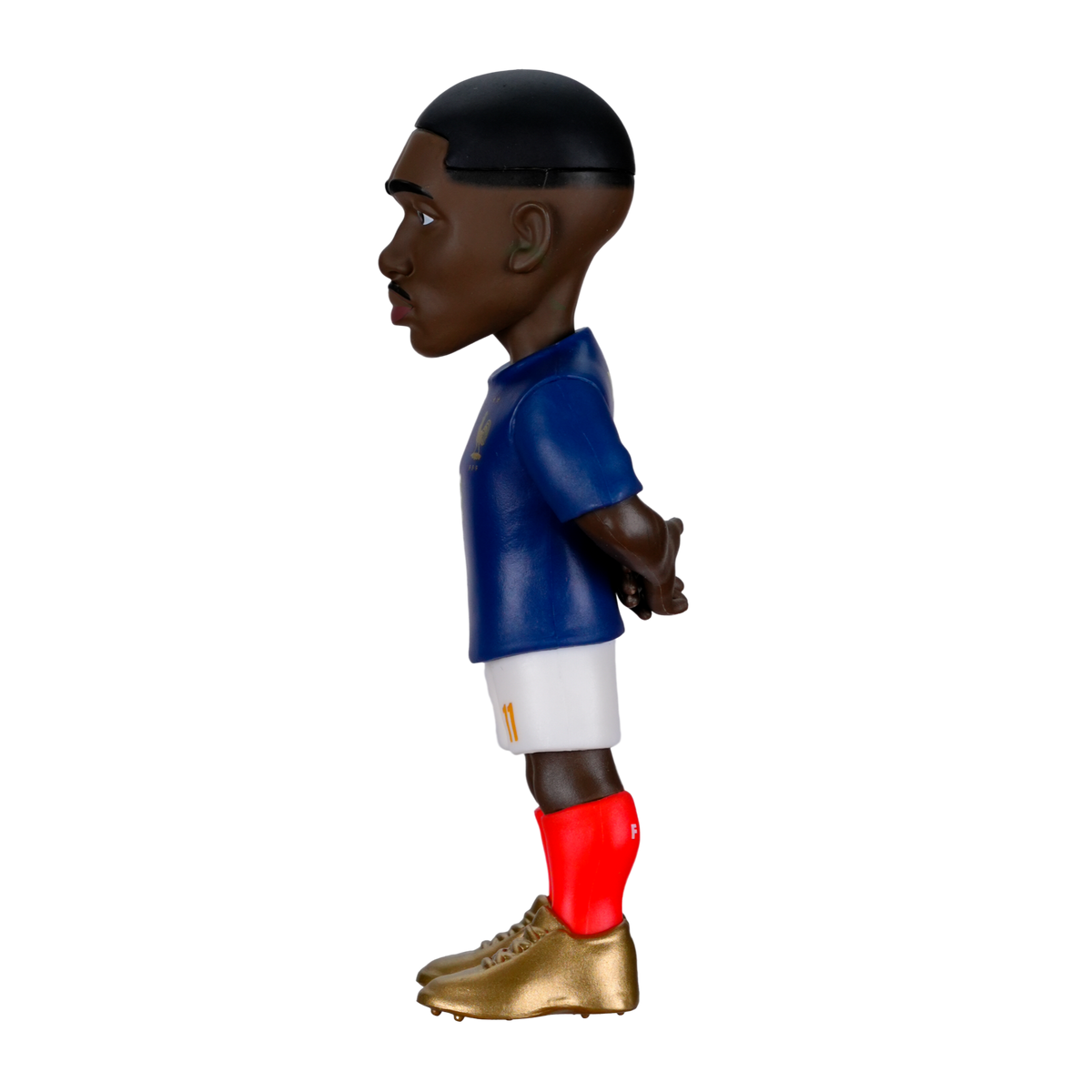 Minix Ousmane Dembélé figurine wearing a blue shirt, white shorts, red socks and gold boots, with short black hair