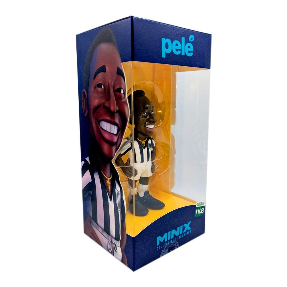 Minix Pelé Santos FC figurine in a black-and-white striped football kit, displayed in a blue and yellow window box
