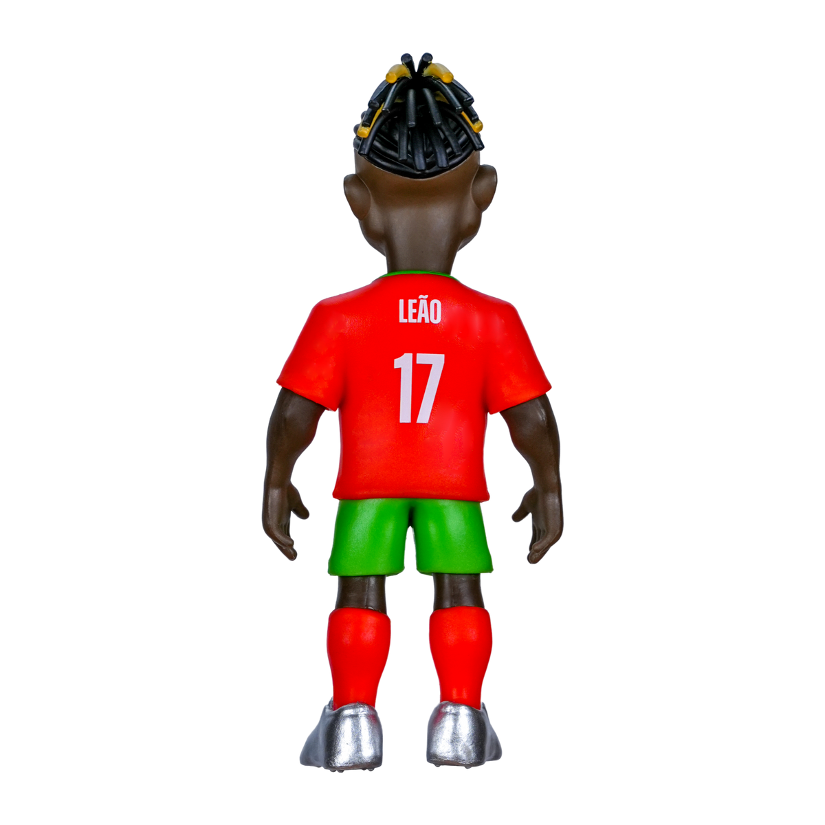 Minix Rafael Leão figurine viewed from behind, wearing a red Portugal number 17 shirt, green shorts and silver boots