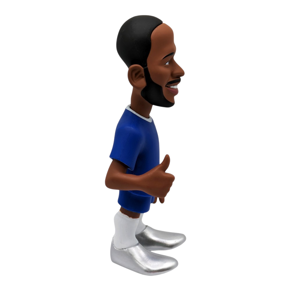 Minix Raheem Sterling Chelsea figurine in a blue shirt, white shorts and silver boots, giving a thumbs-up