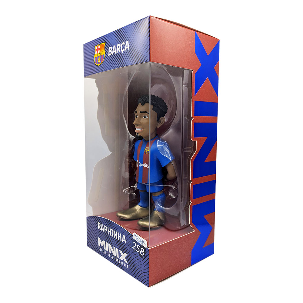 Minix Raphinha FC Barcelona collectible figurine in a blue and red striped kit, displayed in a branded box