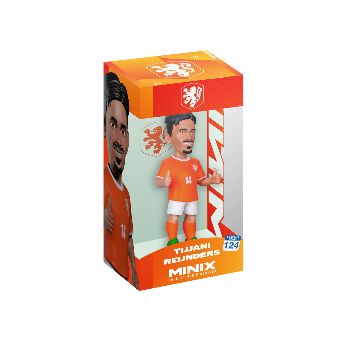 Minix Tijjani Reijnders collectible figurine in an orange Netherlands football kit, posed with thumbs raised inside its branded box.