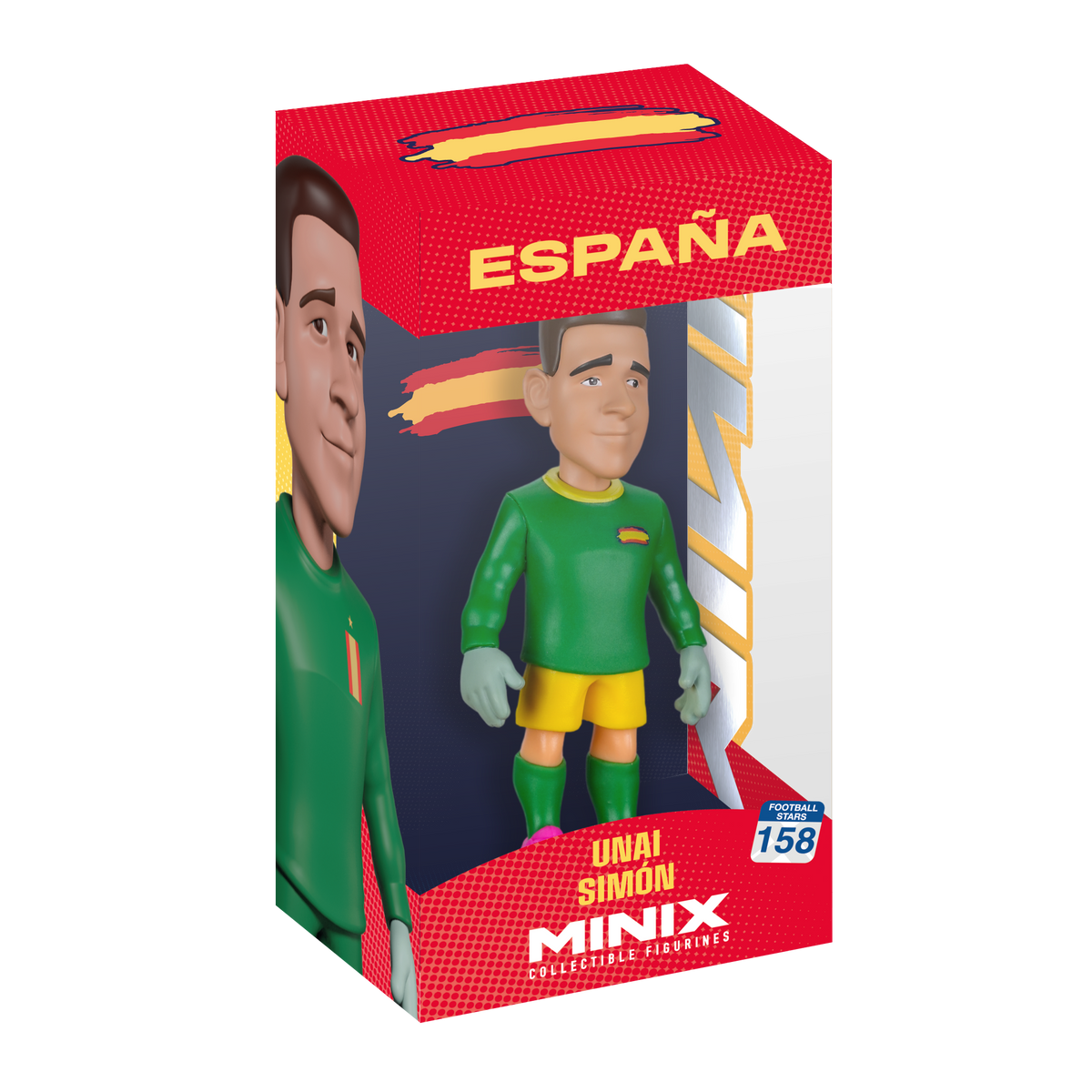 Minix Unai Simón collectible figurine in a green Spain goalkeeper kit with yellow shorts, shown in its España box