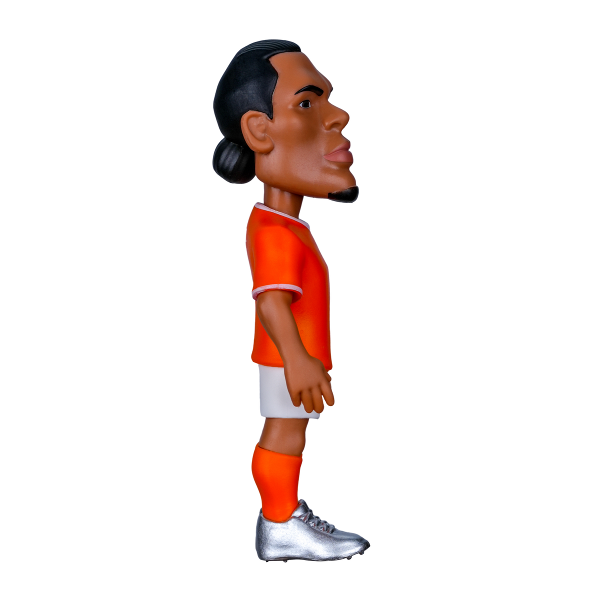 Minix Virgil van Dijk figurine in an orange Netherlands shirt, white shorts and socks, with silver boots and tied-back hair.
