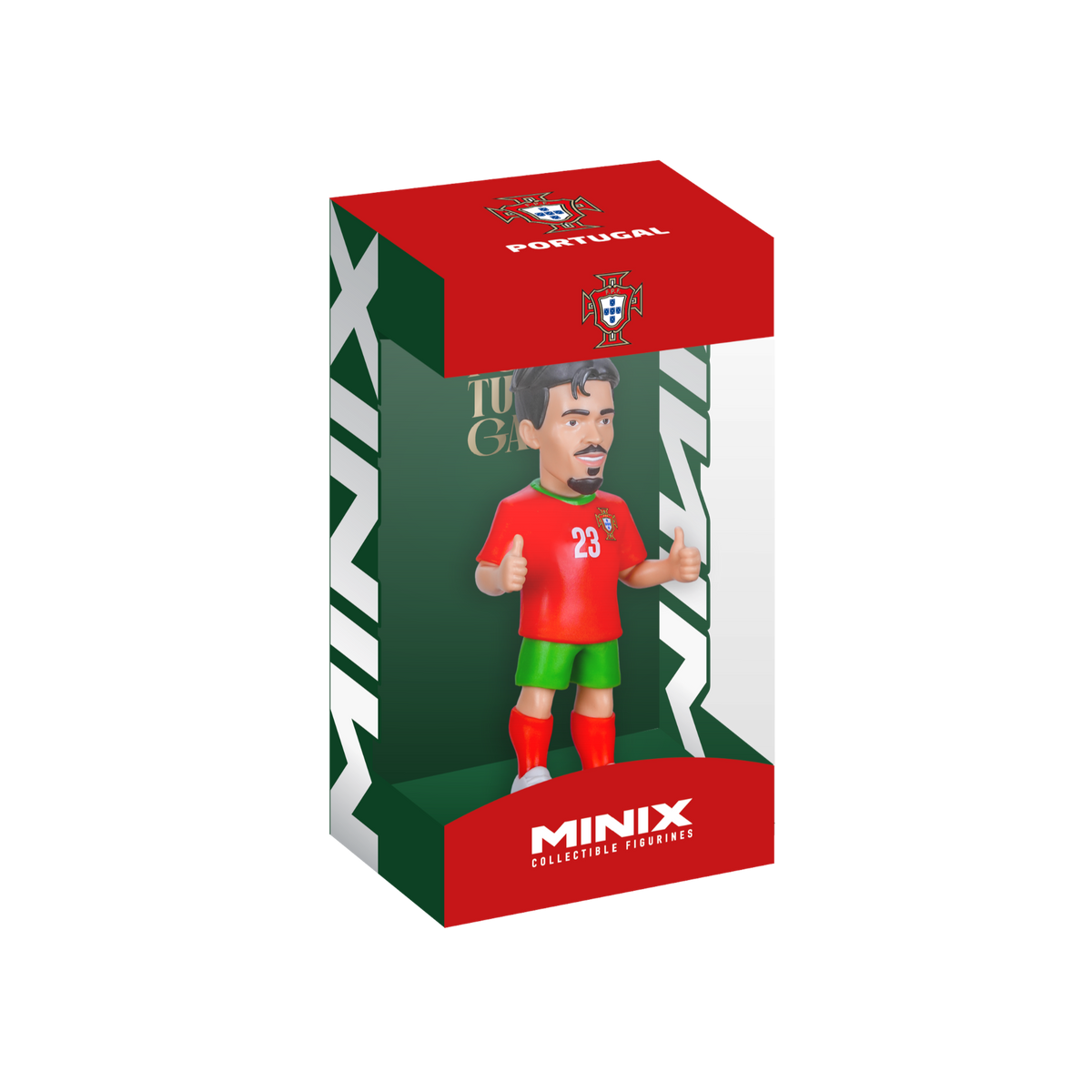 Minix Vitinha figurine in a red Portugal jersey, green shorts and red socks, displayed in branded packaging
