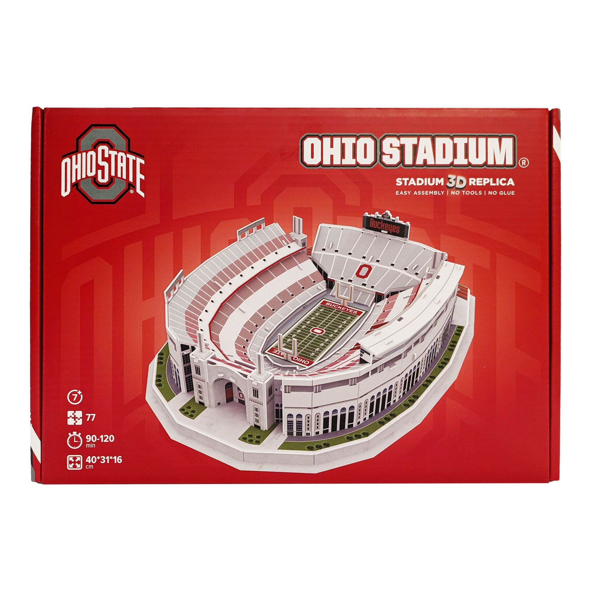 3D replica puzzle of Ohio State Ohio Stadium with scarlet and gray colors, 77 pieces, display-ready college football model