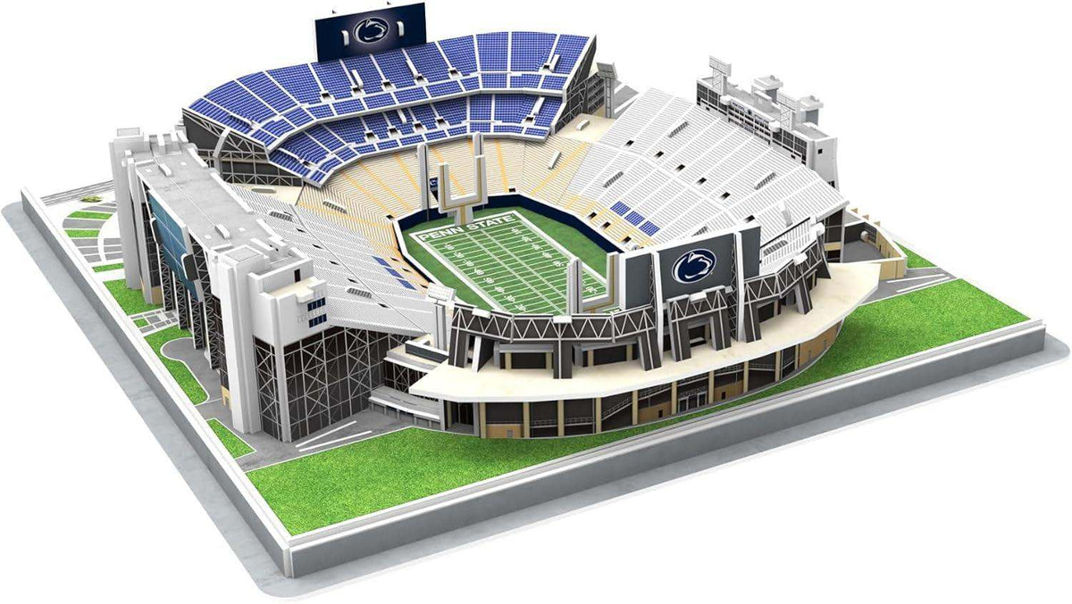 Penn State Nittany Lions 3D stadium puzzle with a green football field, blue and white stands, and detailed gray exterior