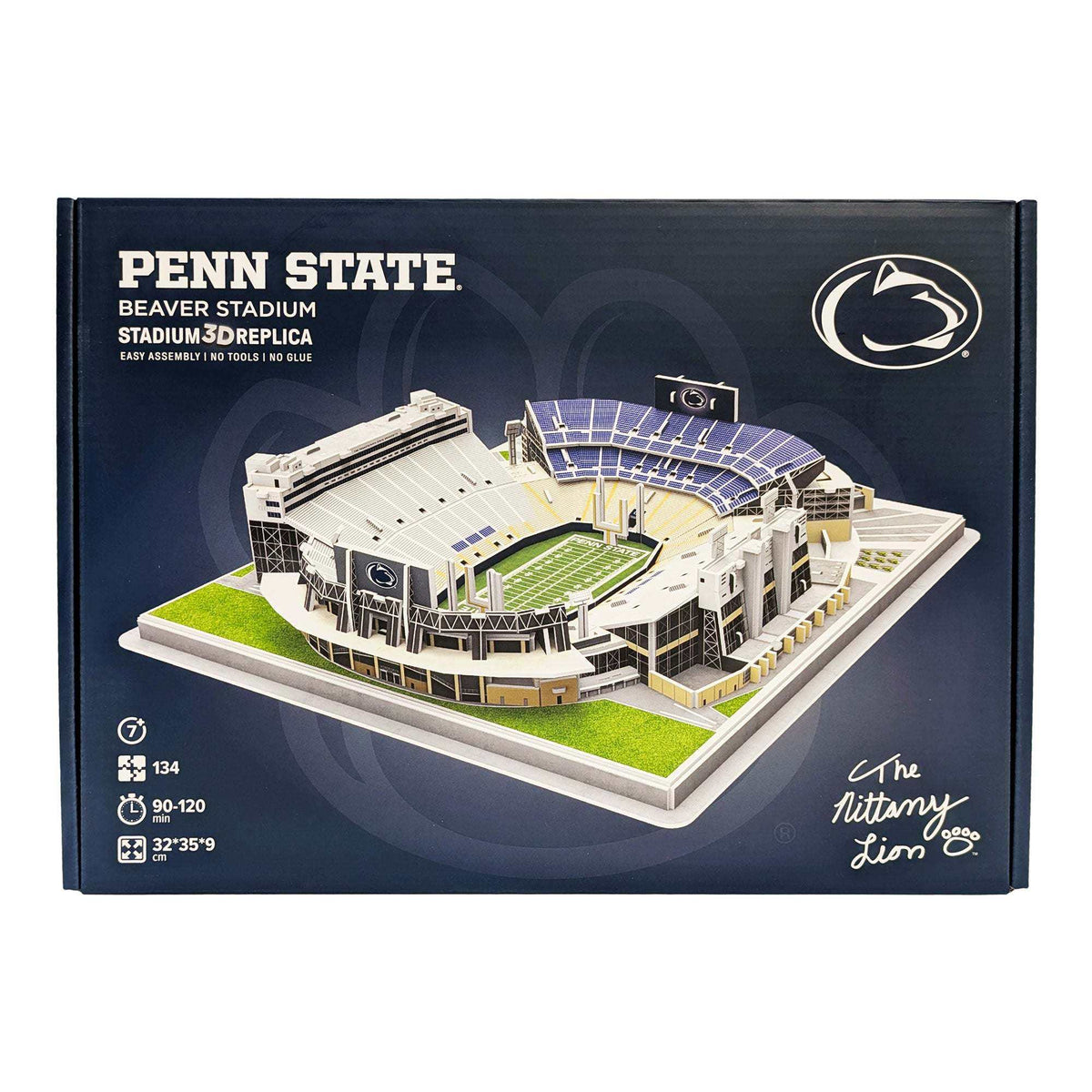 Penn State Nittany Lions 3D stadium puzzle kit in a dark blue box, featuring a white Beaver Stadium model with green field