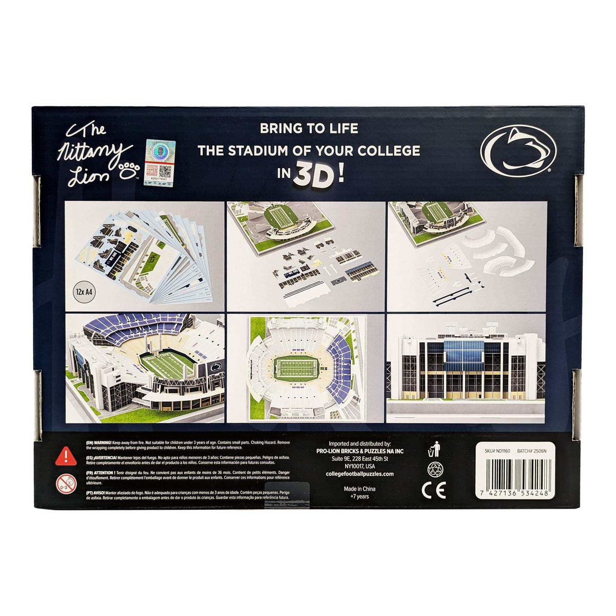 Penn State Nittany Lions 3D stadium puzzle box showing Beaver Stadium model details and assembly pieces