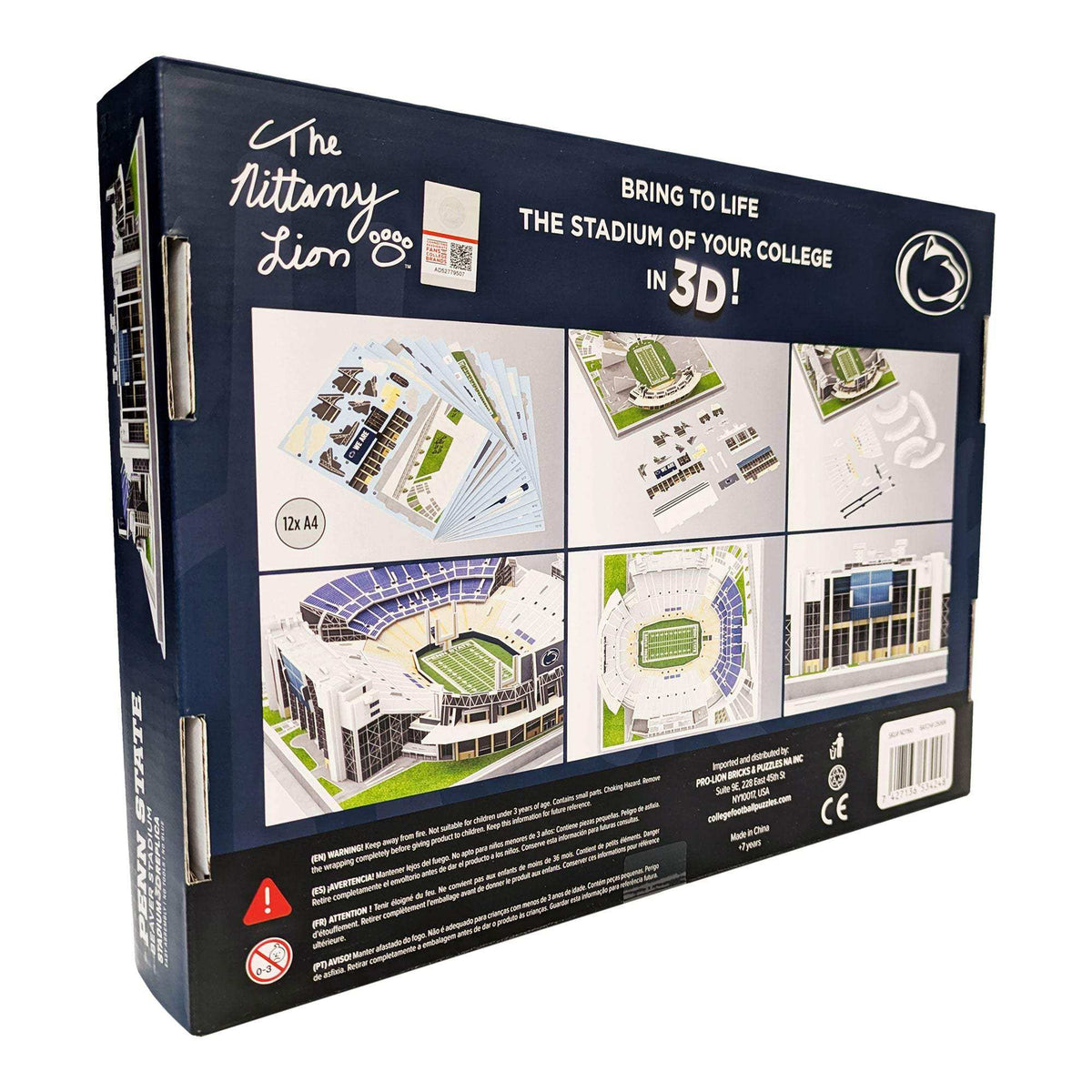 Penn State Nittany Lions stadium puzzle in navy packaging, showing illustrated Beaver Stadium model and 3D assembly pieces