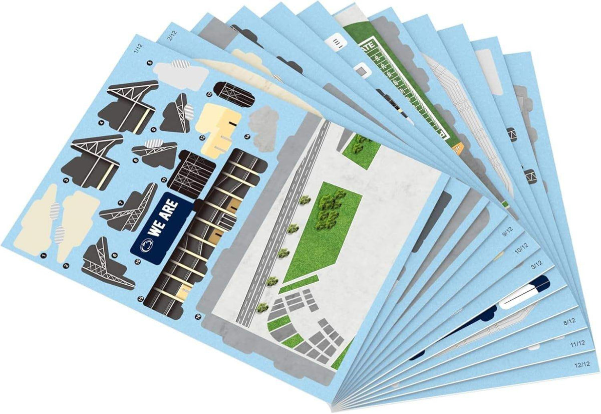 Penn State Nittany Lions 3D stadium puzzle sheets in light blue with printed field, stands, and assembly pieces