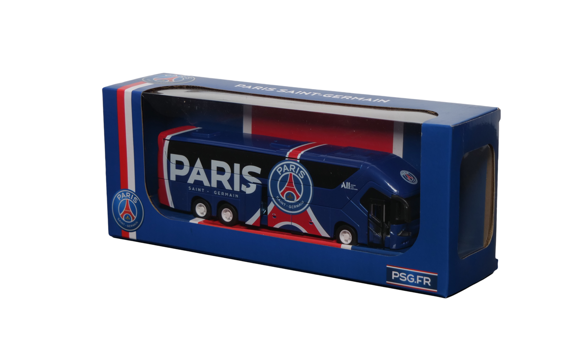 PSG Mini Team Bus miniature blue coach with red and white stripes, Paris Saint-Germain crests and windowed display box