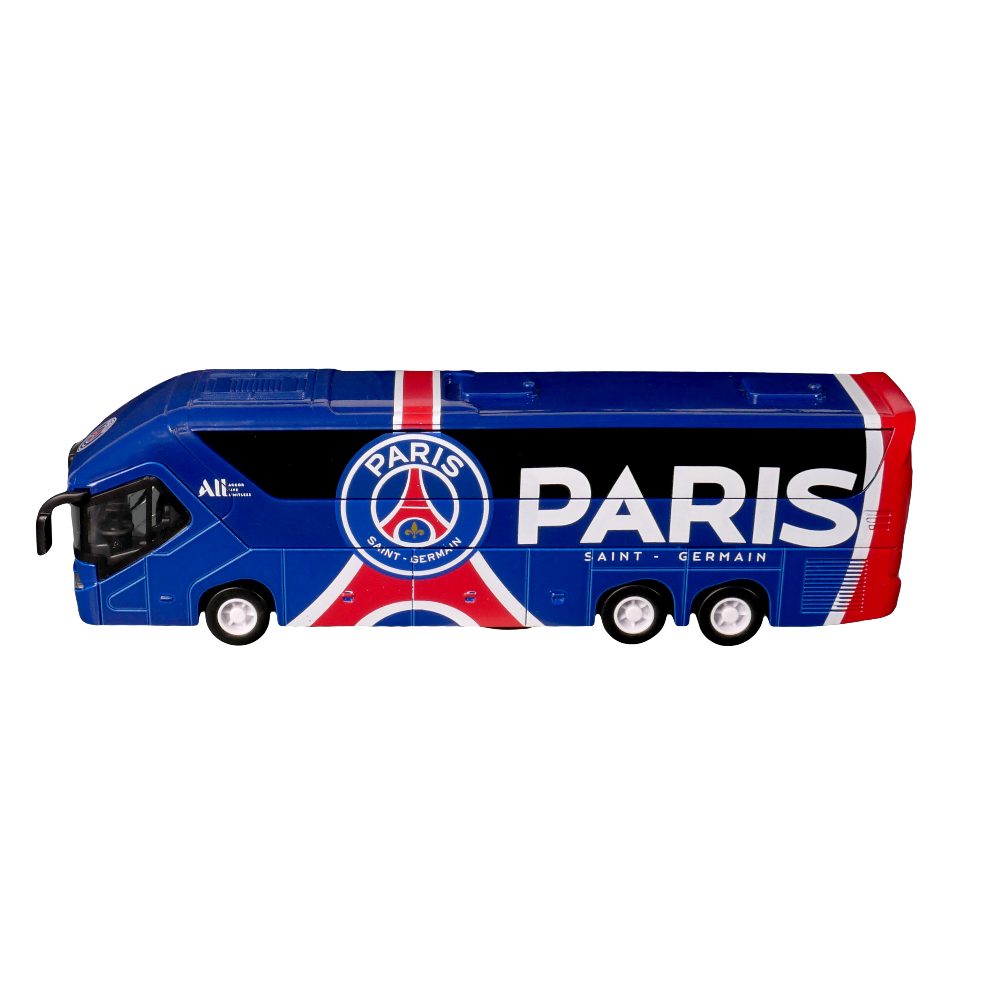 PSG Mini Team Bus in blue with red and white stripes, featuring the Paris Saint-Germain crest and bold Paris lettering.