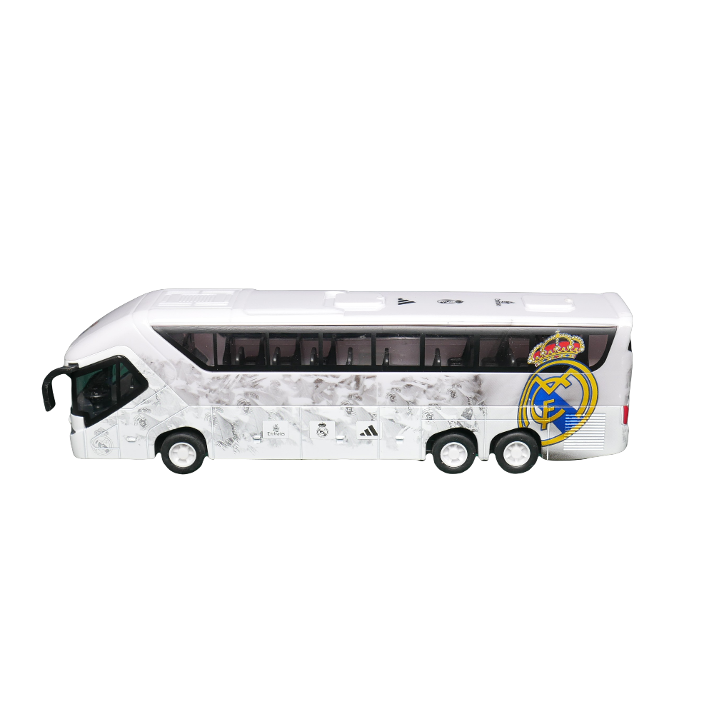 Real Madrid Mini Team Bus in white with black windows, grey graphics and a large club crest on the side