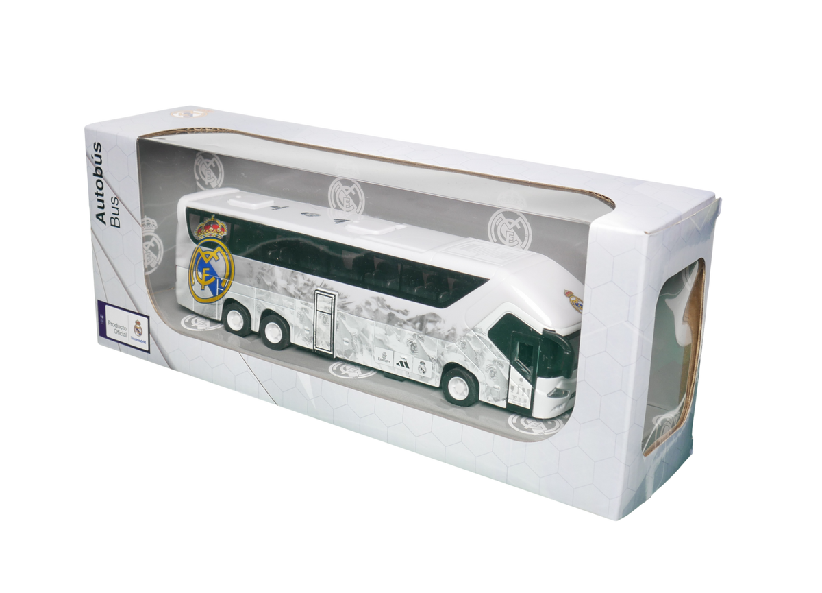 Real Madrid Mini Team Bus, white miniature coach with club crest, green windows, detailed player graphics and boxed display packaging