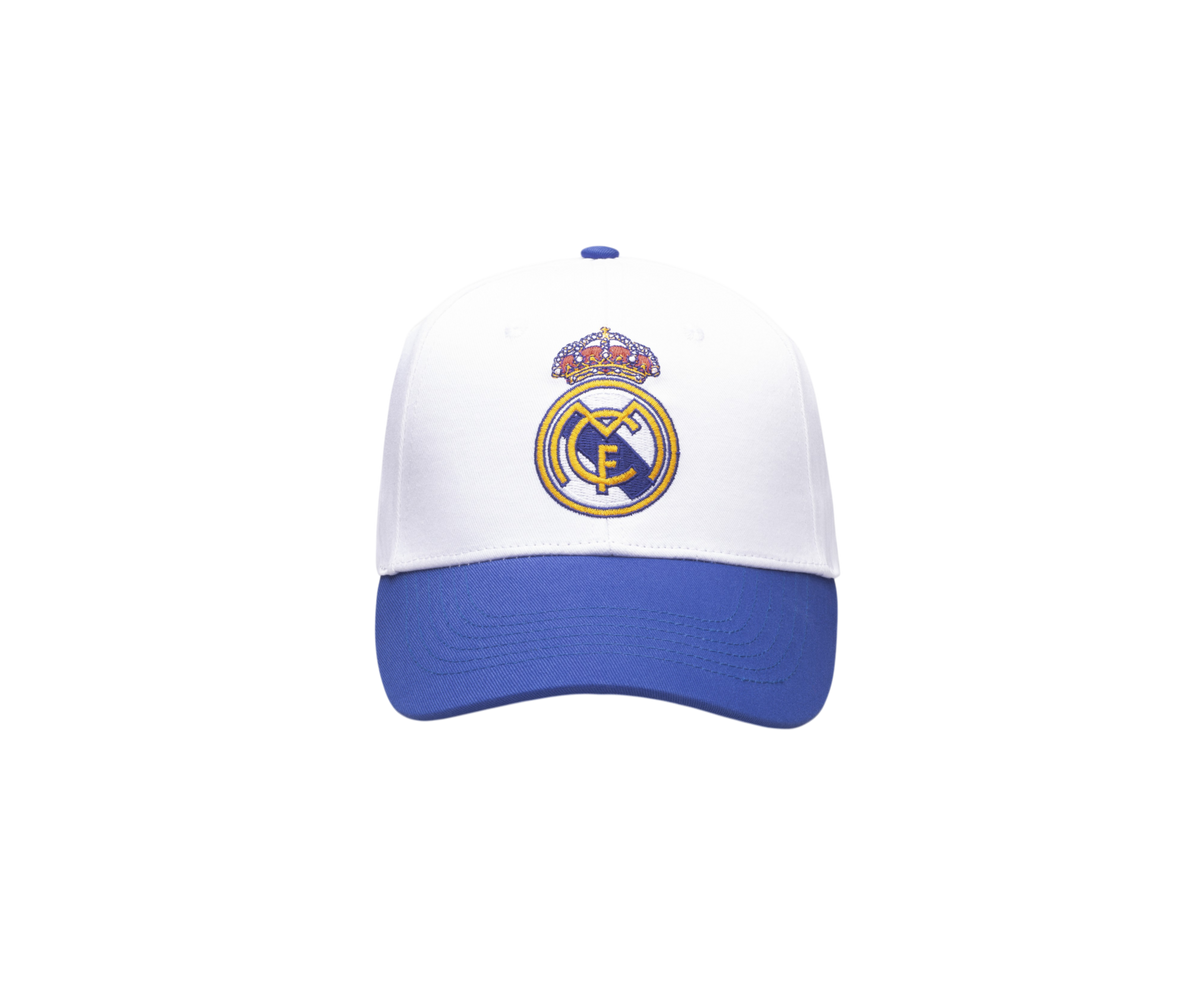 Real Madrid Two-Tone Adjustable Cap in white and blue, featuring an embroidered club crest on the front