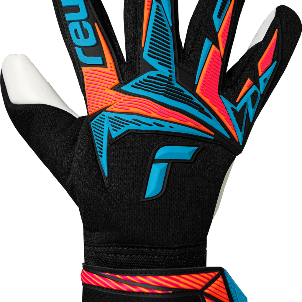 Reusch Attrakt Freegel goalkeeper glove in black with bright blue and neon coral geometric backhand panels and strap-free wrist
