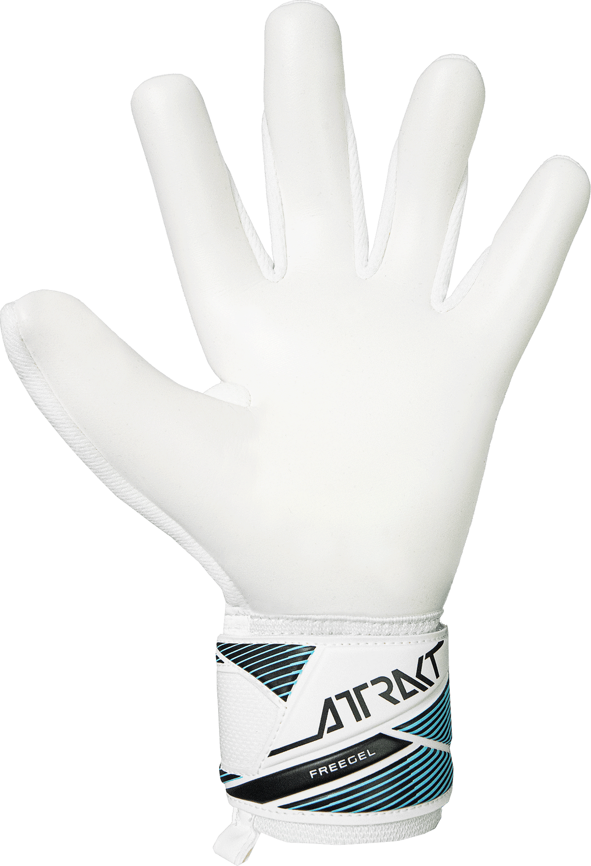 Reusch Attrakt Freegel goalkeeper glove with a white latex palm and white cuff featuring black and turquoise accents
