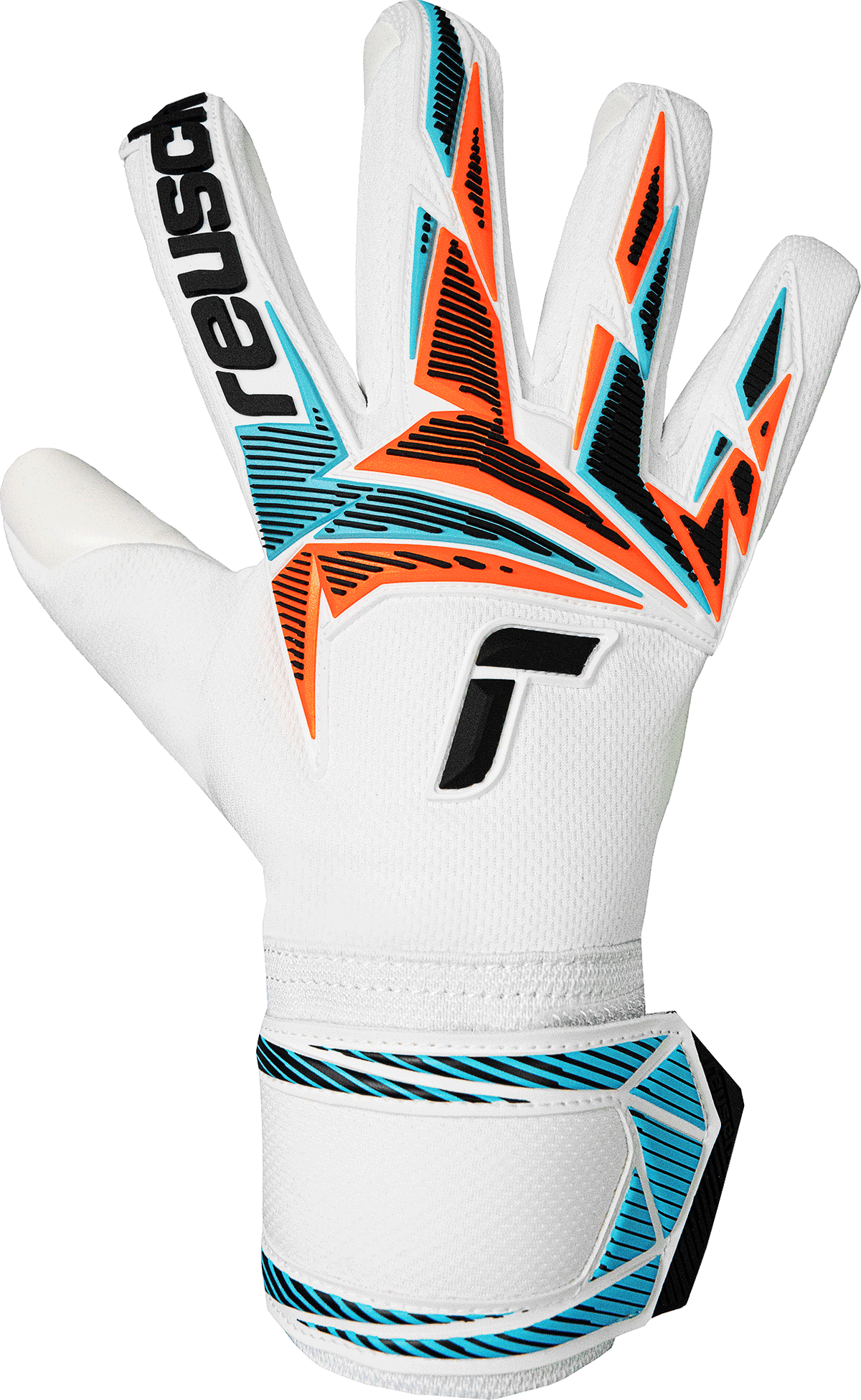 Reusch Attrakt Freegel goalkeeper glove in white with bright orange and blue geometric backhand graphics and a wide wrist strap