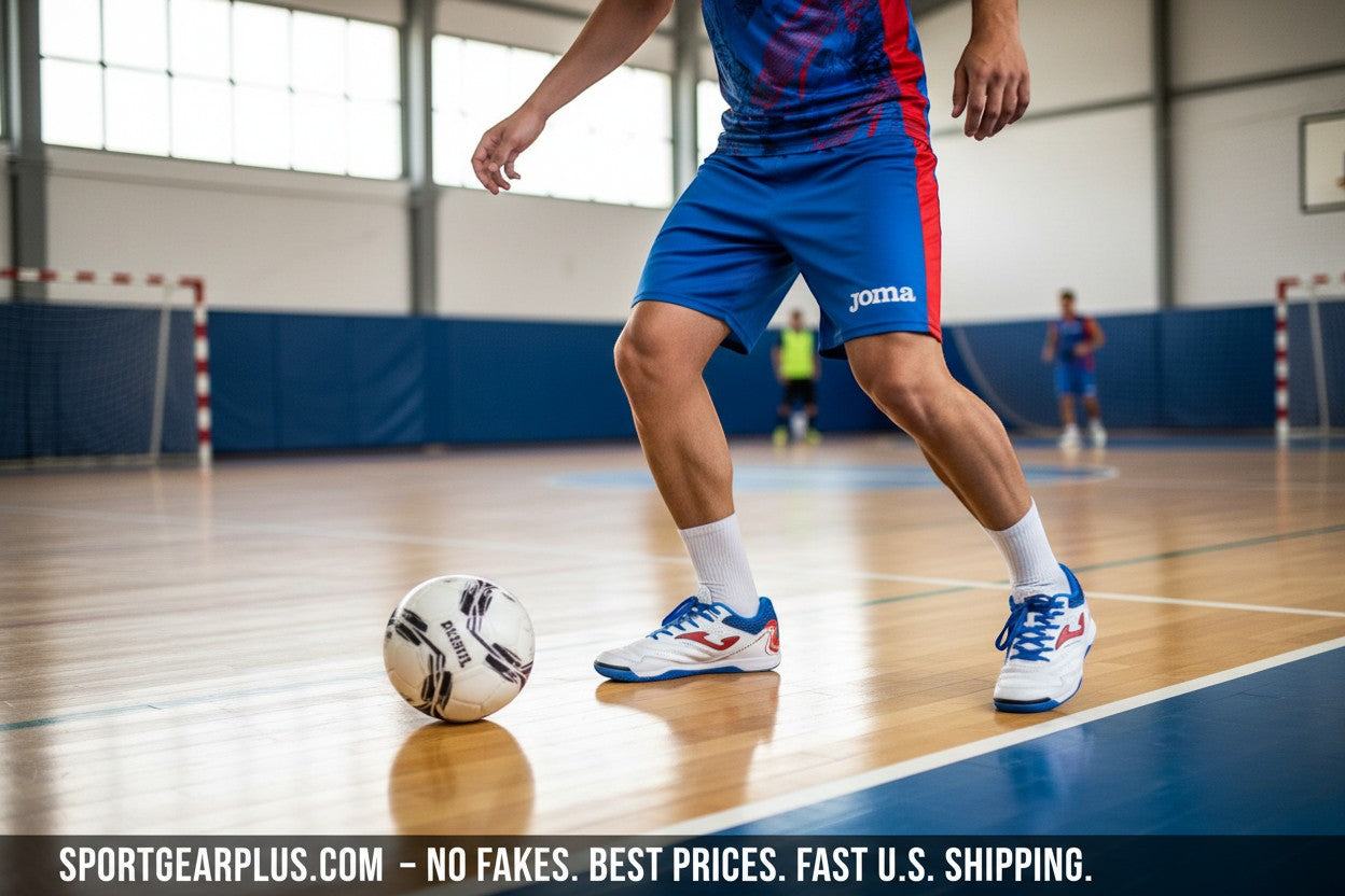 Joma Maxima indoor soccer shoes with lightweight breathable upper and high traction outsole for futsal players