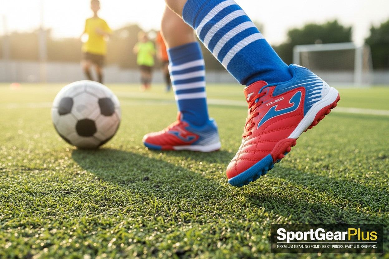 Joma Toledo Junior Kids Turf Soccer Shoes in bright colors for comfort and grip on artificial fields