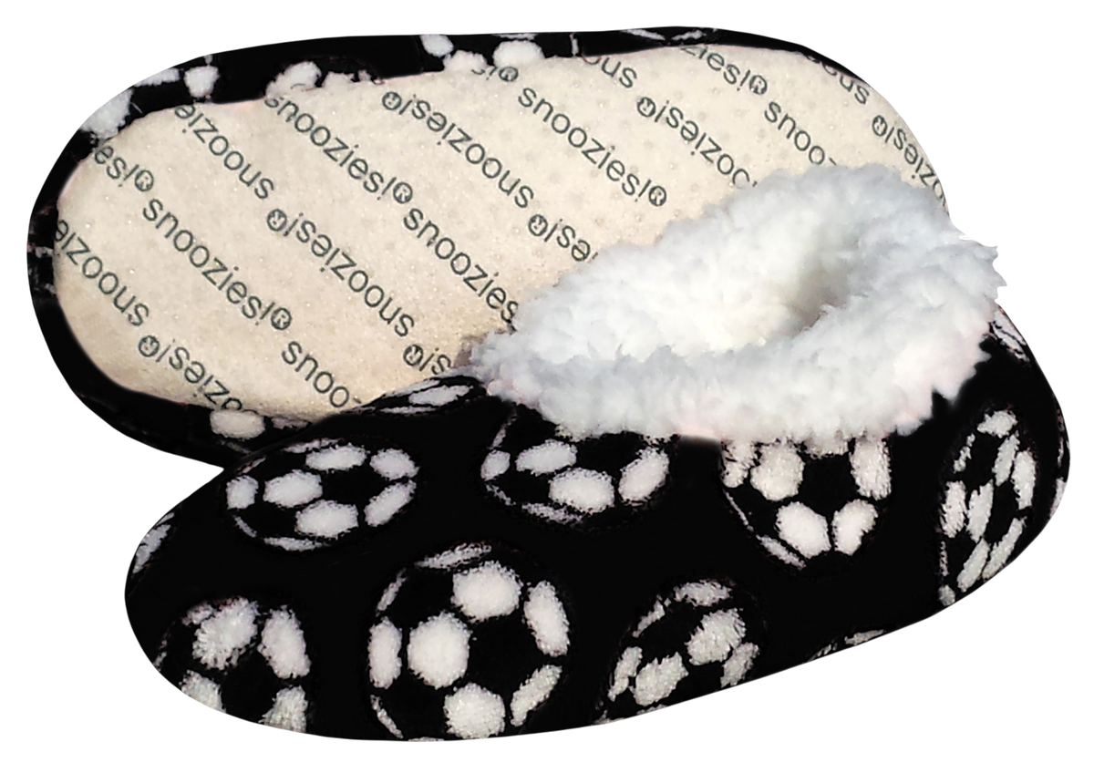 Sport Slippers in black fleece with a white soccer ball pattern, plush white lining and a cushioned footbed