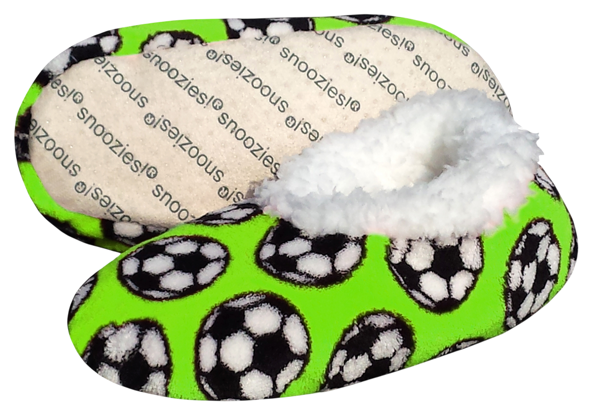 Sport Slippers in bright green plush fabric with black-and-white soccer ball pattern and fluffy white lining