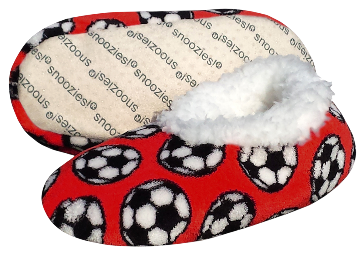 Sport Slippers in bright red fleece with black-and-white soccer ball print and a fluffy white lining