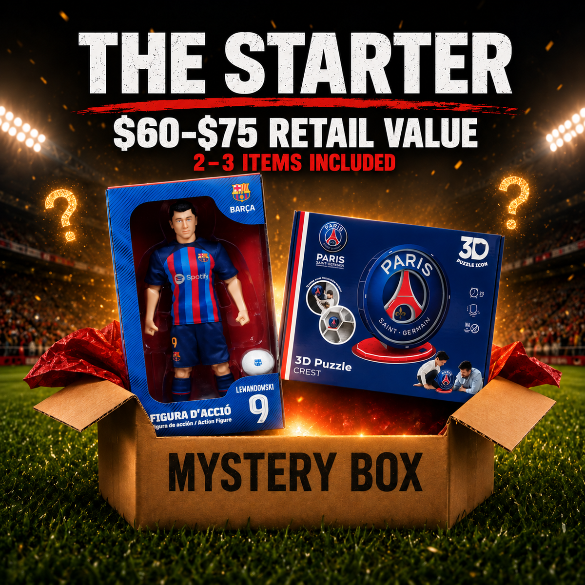 Football collectibles Mystery Boxes featuring a Barcelona player figure and blue PSG 3D puzzle in a brown box.