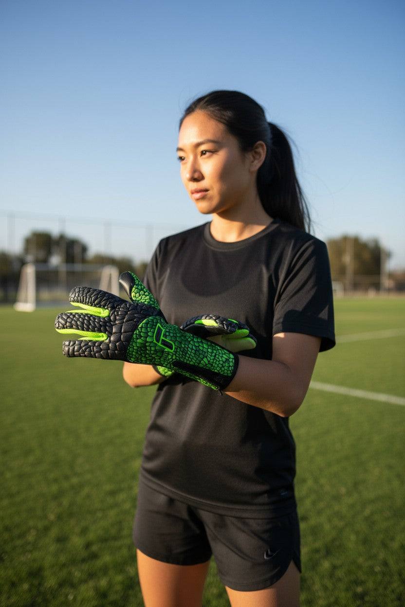 Reusch Venomous Gold goalkeeper gloves on female player preparing for soccer match